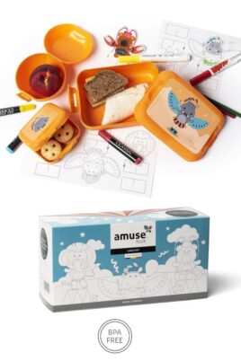 Orange Kinder Geschenkbox Lunch Set 3 Teile mit Nielpferd Animal Tiermotiv - Baby Brotdose, Sandwich-Dose, Apfelbox, Pausendose Snackbox für Mädchen & Jungen von AMUSE - Vorderansicht Set Verpackung Lunchbox