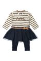 DIRKJE 2er-Set Baby Kleid blau-beige gestreift mit glänzendem Tüllrock dunkelblaue lange Leggings Sweathose, little Schriftzug, für Mädchen – Vorderansicht
