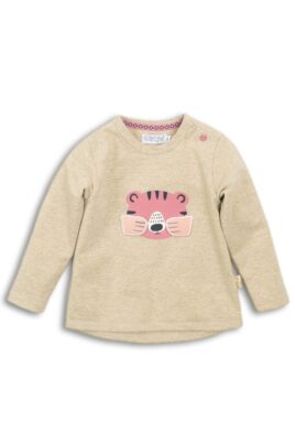 DIRKJE Baby Sweatshirt Kinder Pullover mit Lurex in beige mit Tiermotiv Tiger in rosa Pfoten-Applikation & Bündchen für Mädchen – Rundhalsausschnitt Longsleeve – Vorderansicht