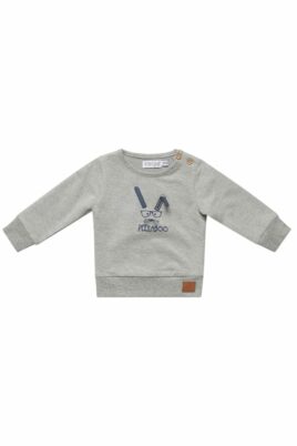 DIRKJE Baby Sweatshirt Kinder Pullover in grau mit blauem Hasen Peekaboo Ohren-Applikation & breiten Rippbündchen für Jungen – Rundhalsausschnitt Longsleeve – Vorderansicht