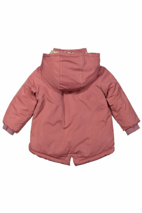Mädchen Baby Jacke Winter in Rosa mit Kapuze + Herzen Futter in Cremefarben, Rippbündchen und Druckknöpfe - Kinder Mantel von DIRKJE - Rückansicht