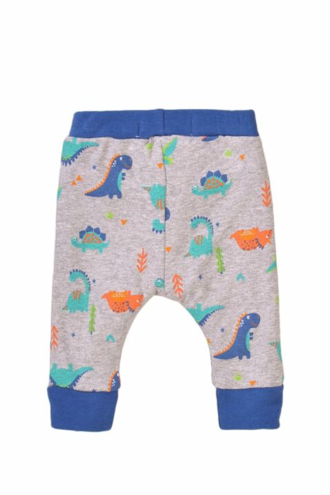 Kinder Baby Pyjama Hose in Grau-Blau mit starken Dinosauriern für Jungen – Dino Schlafhose mit breitem Komfortbund von MINOTI – Rückansicht