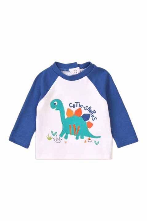 Kinder Baby Jungen Langarmshirt in Blau-Weiß mit Cutie Dinosaurier Applikation in Grün – Nachtwäsche Oberteil mit Rundhalsausschnitt von MINOTI – Vorderansicht