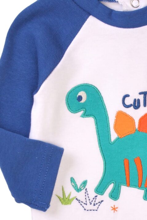 Kinder Baby Jungen Oberteil in Blau-Weiß mit Cutie Dinosaurier Applikation in Grün – Schlafshirt mit Rundhals & Druckknöpfen von MINOTI – Detailansicht