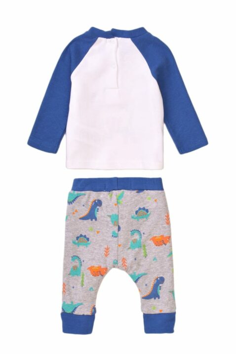Kinder Baby Jungen Pyjama in Grau-Blau-Weiß mit Dinosaurier Tiermotiv – Schlafhose & Langarmshirt aus Baumwolle von MINOTI – Rückansicht