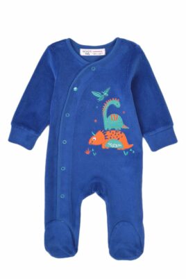 Minoti Velours Baby Schlafoverall mit Füßen & Dinosaurier Tier-Motive für Jungen in Blau – Dunkelblauer Kinder Schlafstrampler Strampelanzug – Vorderansicht