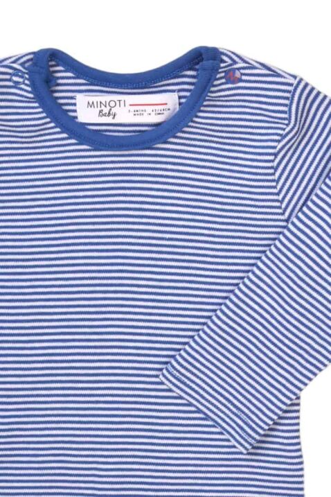 Baby Kinder Jungen Baumwollshirt im Marine-Look mit blau-weißen Querstreifen – Rundhals Babyshirt mit Druckknopf von MINOTI – Detailansicht