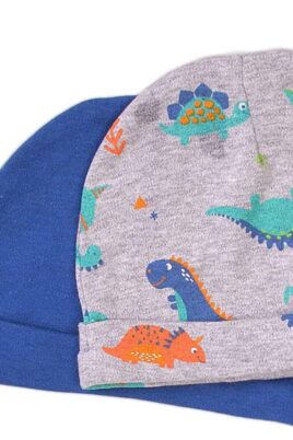 Kinder Baby Basic Set zweiteilig Mütze mit Umschlag aus reiner Baumwolle in Navy Blau unifarben + Grau mit Dino Muster für Jungen - Baby-Mütze Geschenkset von MINOTI - Detailansicht
