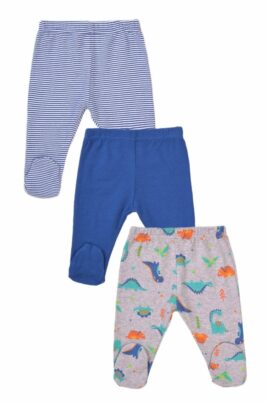 MINOTI Baby Kinder Jungen 3er Set Strampelhose mit Fuß blau, grau + weiß mit Streifen, uni + Tiermotiv Dinosaurier – Babyhose mit Schlupfbund Geschenkset – Vorderansicht