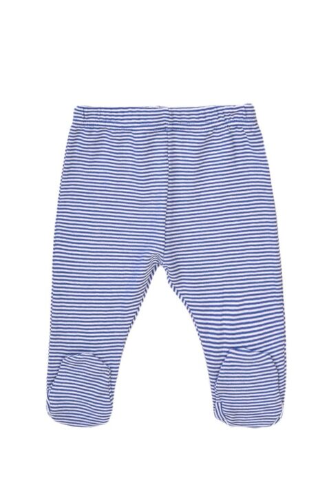 Baby Kinder Schlafhose mit Fuß in Navy Blau + weiße Querstreifen aus reiner Baumwolle - Stramplerhose mit Schlupfbund von MINOTI – Vorderansicht