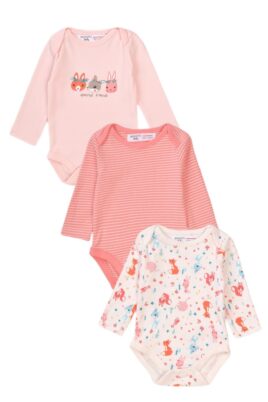 Baby Kinder Set dreiteilig Body rosa, Koralle, weiß mit Streifen, Tiermuster + Print Hase, Igel, Fuchs für Mädchen - Rundhals-Langarmbody Geschenkset von MINOTI - Vorderansicht