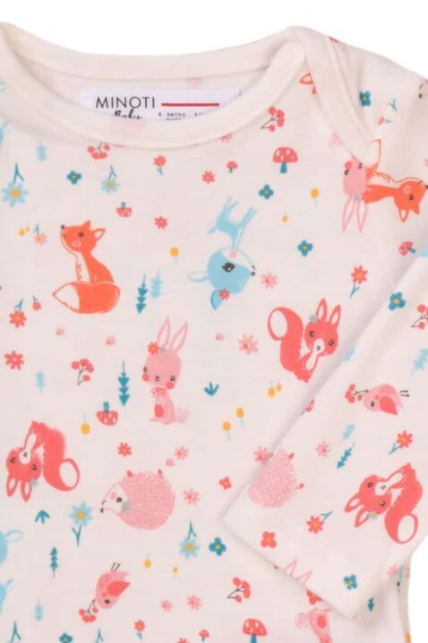 Kinder Baby Mädchen Body Langarm in Hellrosa mit buntem Tiermotiv Bambi, Fuchs, Igel, Hase, Vögel + Blümchen - Rosa Body aus 100% Baumwolle von MINOTI - Detailansicht