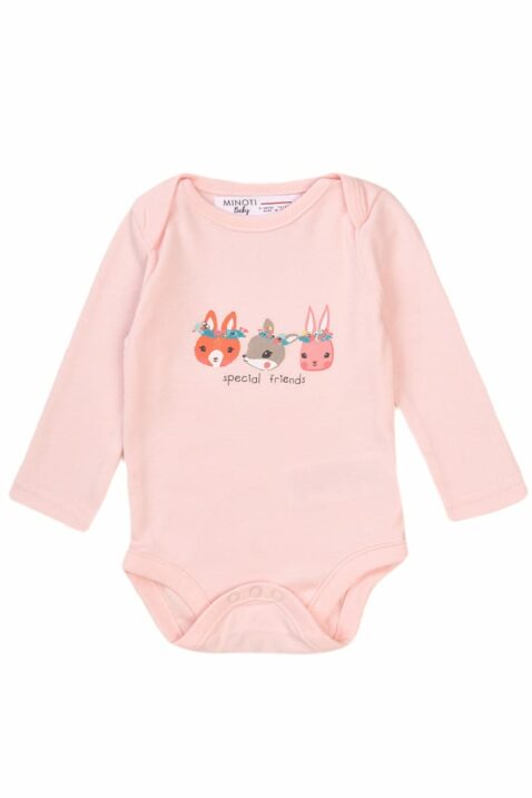 Kinder Baby Mädchen Body in Rosa mit Schulterumschlag, Druckknopfleiste + Tiermotiv - Babybody aus reiner Baumwolle von MINOTI - Vorderansicht
