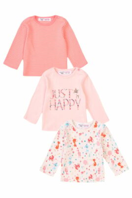 Minoti Baby Kinder 3er Set Langarmshirt rosa koralle weiß mit Streifen, Print, Reh, Hasen, Igel, Vögel & Füchse für Mädchen – Kindershirt Geschenkset – Vorderansicht