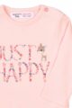 Baby Kinder Baumwollshirt in hellrosa mit Blümchen Textprint Just Happy in Pink-Blau-Gelb & Bambi Tiermotiv für Mädchen – Kindershirt langarm von MINOTI – Detailansicht