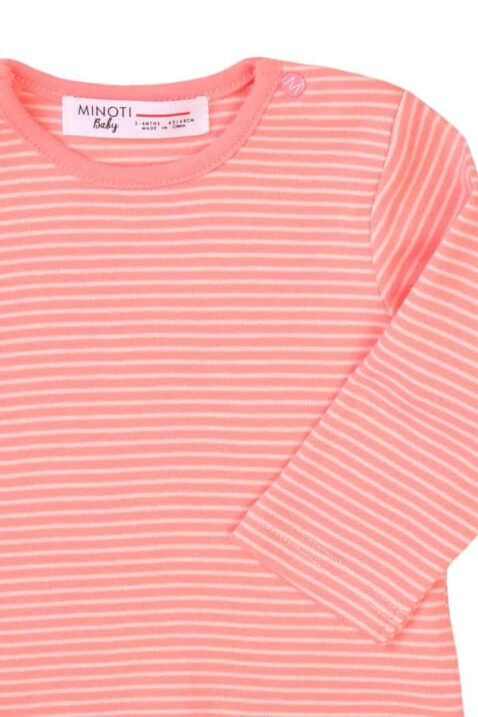 Baby Kinder Oberteil in Rosa-Koralle & Weiß mit Querstreifen, Rundhalsausschnitt & Druckknopf für Mädchen – Baumwollshirt langarm von MINOTI– Detailansicht