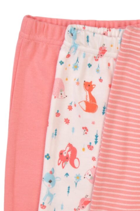 Baby Kinder 3er-Set Stramplerhose mit Fuß koralle rosa & weiß gestreift, unifarben & mit Tiermotiv Waldtiere für Mädchen - Babyhose mit Fuß Geschenkset von MINOTI – Detailansicht