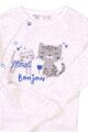 Baby Kinder Mädchen Baumwoll Sleepsuit mit Fuß in Weiß & schwarz gepunktet - Bonjour Katzen Applikation mit Blume & Herzen in Grau-Blau von MINOTI – Detailansicht