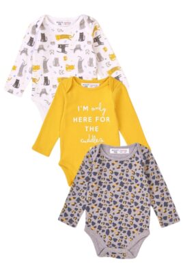 MINOTI Baby Kinder Set dreiteilig Body weiß, gelb, grau mit Tiger-Muster, Katzen-Motiv + Cuddles Druck für Mädchen – Langarmbody Geschenkset – Vorderansicht