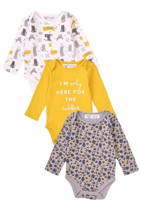Baby Kinder Set dreiteilig Body weiß, gelb, grau mit Tiger-Muster, Katzen-Motiv + Cuddles Druck für Mädchen - Langarmbody Geschenkset von MINOTI - Vorderansicht
