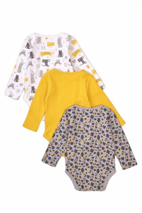 Baby Kinder 3er Set Body weiß, gelb, grau mit Tiger-Muster, Tiermotiv Katze, uni gelb + Print Cuddles für Mädchen - Baumwollbody Geschenkset von MINOTI - Rückansicht