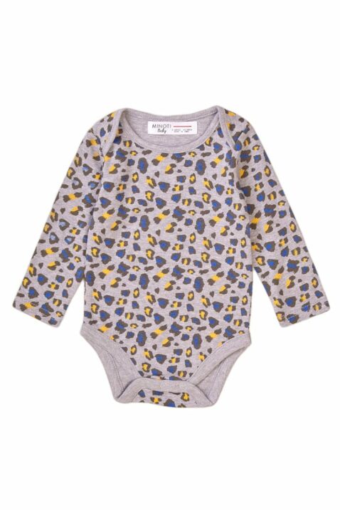 Baby Kinder Mädchen Body in Grau mit blau-gelb-schwarzem Tiger-Muster mit Druckknöpfen - Baumwoll-Body mit Ärmel von MINOTI - Vorderansicht