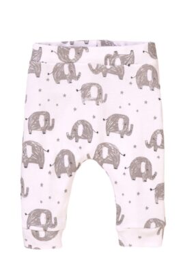 Baby Kinder Leggings in Weiß mit süßem Elefanten Tiermuster in Graphitgrau für Mädchen - Babyhose mit Komfortbund + breite Bündchen von MINOTI – Vorderansicht