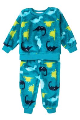 MINOTI Kinder Baby Plüsch Schlafanzug mit Dinosaurier Tiermotiv & Rundhalsausschnitt für Jungen – Schlafhose & Langarmshirt in Grün – Vorderansicht