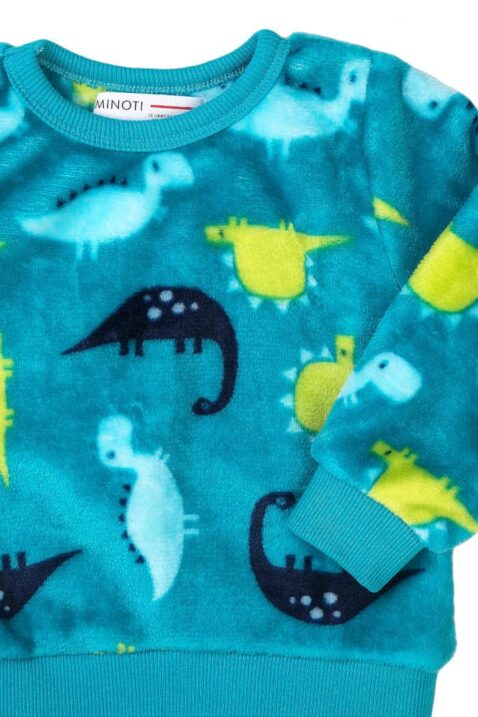 Baby Kinder Jungen Pyjama Plüsch Langarmshirt in Blaugrün mit buntem Dinosaurier-Muster – kuscheliges Dino Schlafshirt mit Rippbündchen & Rundhalsausschnitt von MINOTI – Detailansicht
