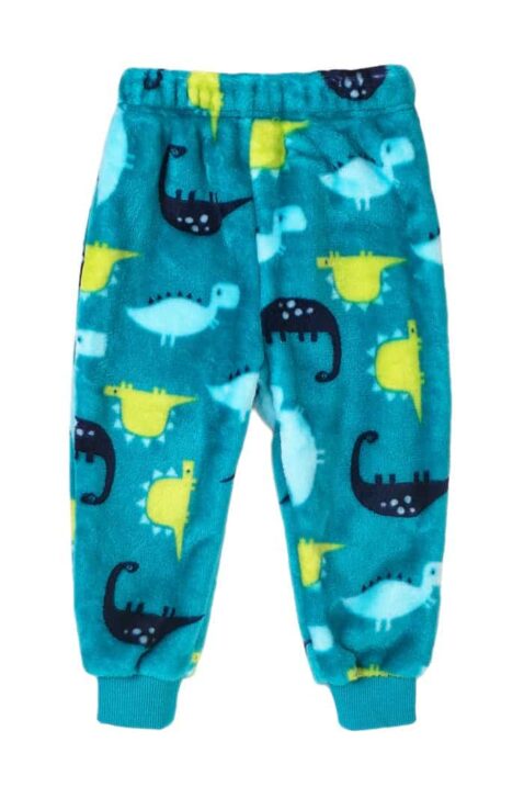Baby Kinder Plüsch Pyjamahose in Blau, Grün & Gelb mit Dinosaurier Muster für Jungen – Schlafhose mit Komfortbund & breiten Rippbündchen von MINOTI – Vorderansicht