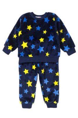 Kinder Plüsch Schlafanzug mit Sterne-Muster & Rundhalsausschnitt für Jungen – Schlafhose & langarm Oberteil Sweater in Dunkelblau von MINOTI – Vorderansicht