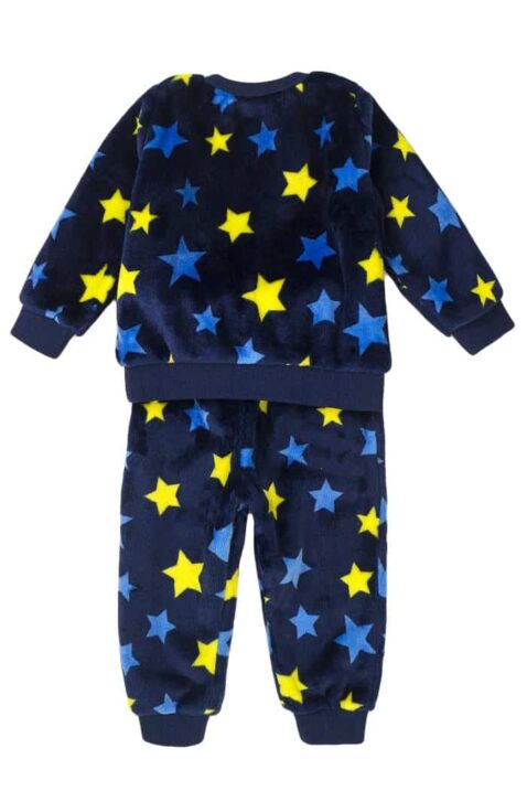 Kinder Jungen Plüsch Pyjama mit Sterne Muster & Rundhalsausschnitt in Blau & Gelb – Sternenhimmel Schlafhose & Langarmshirt von MINOTI – Rückansicht