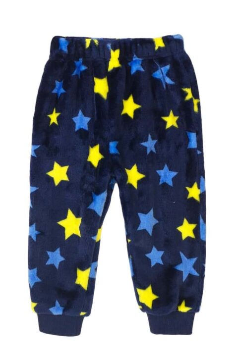 Kinder Plüsch Pyjamahose in Blau & Gelb mit Sterne-Muster für Jungen – warme Winter Schlafhose mit Komfortbund & breiten Rippbündchen von MINOTI – Vorderansicht