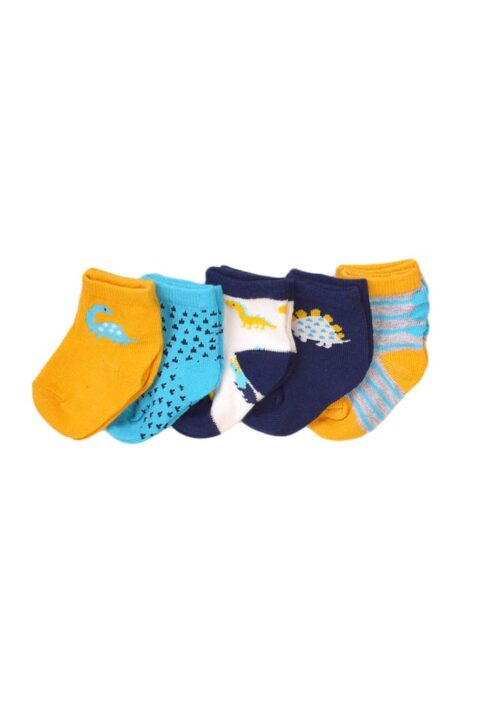 Baby Kinder Jungen Set fünfteilig Dino Socken weiß, gelb, grau, blau mit schmalen Rippbündchen - Baby Söckchen Geschenkset von MINOTI - Vorderansicht