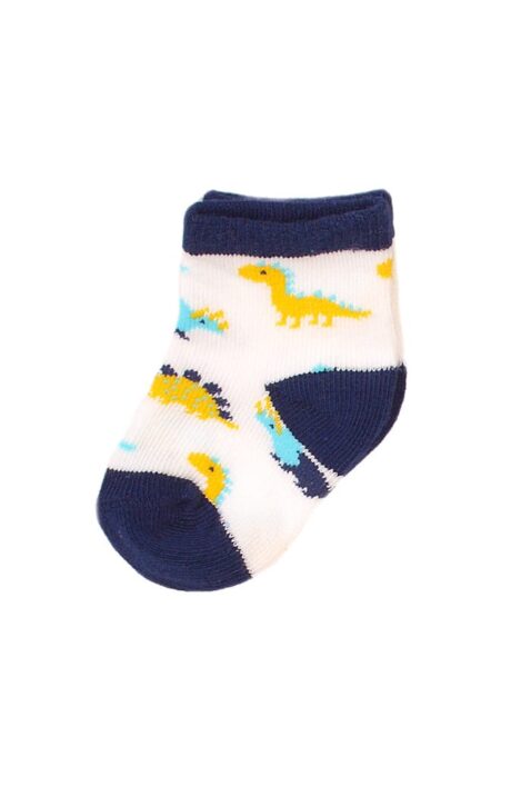 Kinder Baby Socken in Weiß mit dunkelblauem Bündchen, Ferse, Spitze + Dinosaurier - Dino Söckchen mit schmalen Rippbündchen für Jungen von MINOTI - Vorderansicht