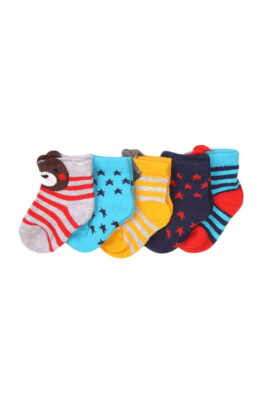 MINOTI Baby Kinder Jungen Mädchen Set fünfteilig Waldtiere Socken gelb, grau, blau, rot mit schmalen Rippbündchen – Baby Söckchen Geschenkset – Vorderansicht