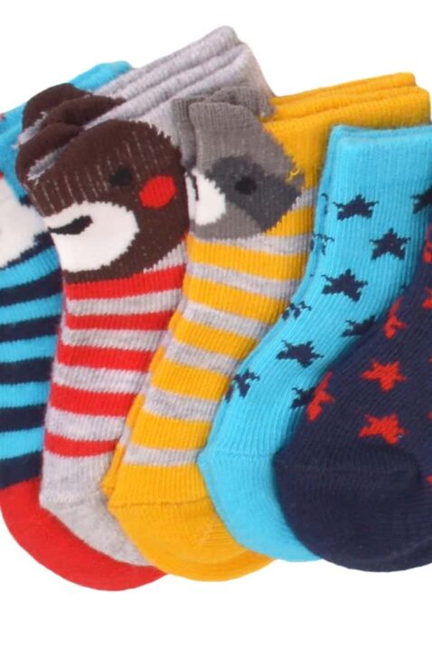 Baby Kinder 5er Set Socken, gelb, grau, rot, blau mit Bär, Waschbär, Fuchs + gestreift für Jungen + Mädchen - Kinder Söckchen Geschenkset von MINOTI - Detailansicht