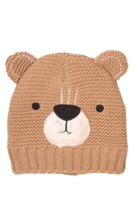 MINOTI Baby Kinder Jungen + Mädchen Winter Mütze gestrickt mit Bären Tiermotiv + Ohren in Braun gefüttert – Warme Teddy-Mütze  – Vorderansicht