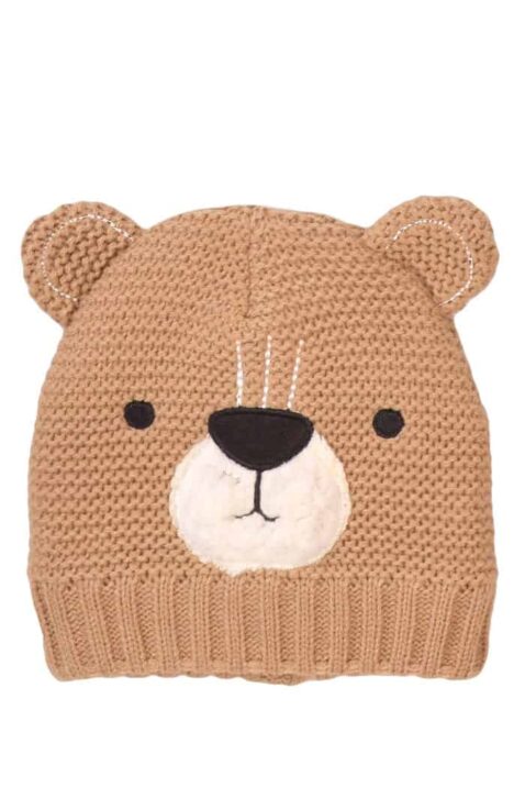 Baby Kinder Jungen + Mädchen Winter Mütze gestrickt mit Bären Tiermotiv + Ohren in Braun gefüttert - Warme Teddy-Mütze von MINOTI - Vorderansicht