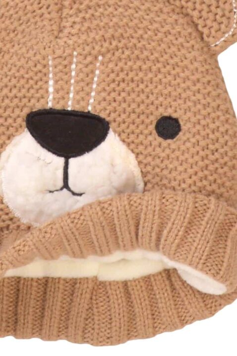 Kinder Baby Unisex Bären Strick-Mütze mit weißem Teddyfell gefüttert + Komfortbund in Braun - Babymütze für Mädchen und Jungen von MINOTI - Detailansicht