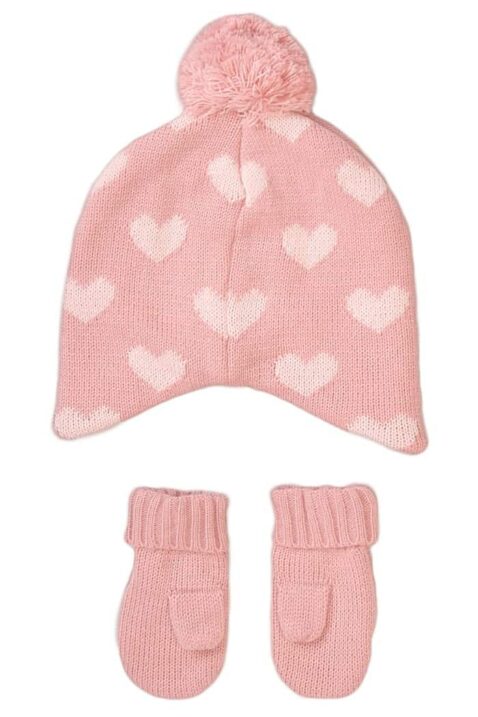 Kinder Baby Geschenkset Mütze in Rosa mit Herz-Motiv + Fäustlinge mit Bündchen für Mädchen - Gestricktes Winter Baby-Set von MINOTI - Rückansicht
