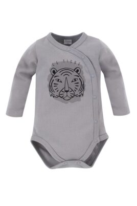 Baby Kinder Wickelbody in Grau mit Druckknöpfen - Body mit Ärmel, Tiger-Print + Rundhalsausschnitt für Jungen von PINOKIO - Vorderansicht