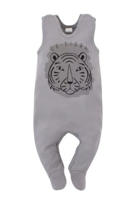 Baumwoll Baby Strampler mit Füßen + Tigerkopf-Print für Jungen in Grau - Strampelanzug mit Druckknöpfen von PINOKIO - Vorderansicht