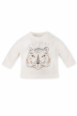 PINOKIO Baby Kinder Langarmshirt in Ecru-Weiß mit Tigerkopf-Print für Jungen – Baby Longsleeve aus reiner Baumwolle  – Vorderansicht