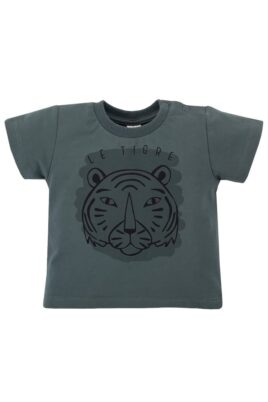 PINOKIO Baby Kinder Jungen T-shirt in Dunkelgrün mit Tiger-Druck – Babyshirt mit Rundhals + Rippbündchen – Vorderansicht