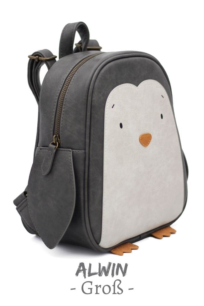 Handmade Rucksack für Kinder Babys groß veganes Kunstleder Pinguin in eisgrau - Mädchen & Jungen Tier Baby Rucksack Bag handgefertigt mit Reißverschluss von LITTLE WHO - Seitenansicht