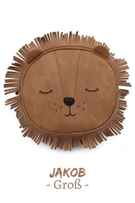 Großer Handmade Kinderrucksack veganes Kunstleder Baby Löwe für Jungen & Mädchen in Braun - Lion Vintage Tier Rucksack Animal von LITTLE WHO - Vorderansicht