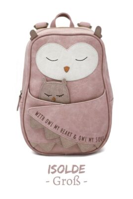 LITTLE WHO großer Handmade Kinderrucksack veganes Kunstleder Baby Eule owl Kautz für Mädchen in Rosa Pink – Uhu Vintage Tier Rucksack Animal – Vorderansicht