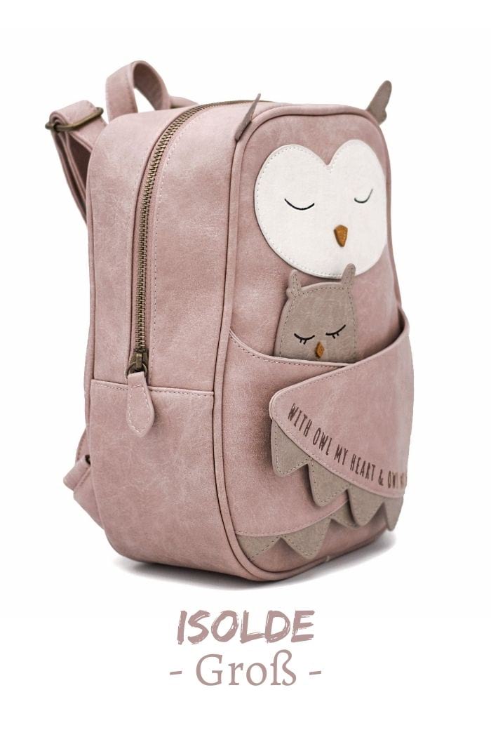 Handmade Tier Rucksack für Kinder Babys groß veganes Kunstleder Eule Owl in rosa - Animal Uhu Kautz Mädchen Babyrucksack Bag handgefertigt mit Reißverschluss von LITTLE WHO - Seitenansicht