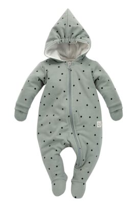 PINOKIO Baumwoll Babyoverall mit Füßen + schwarzen Punkten für Mädchen in Mintgrün – Gefütterter Baby Overall mit Zipfel-Kapuze – Vorderansicht